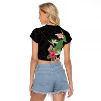 Hawaii Tropical Flowers Raglan Cropped T Shirt Polynesian Tattoo Black LT05 - Polynesian Pride