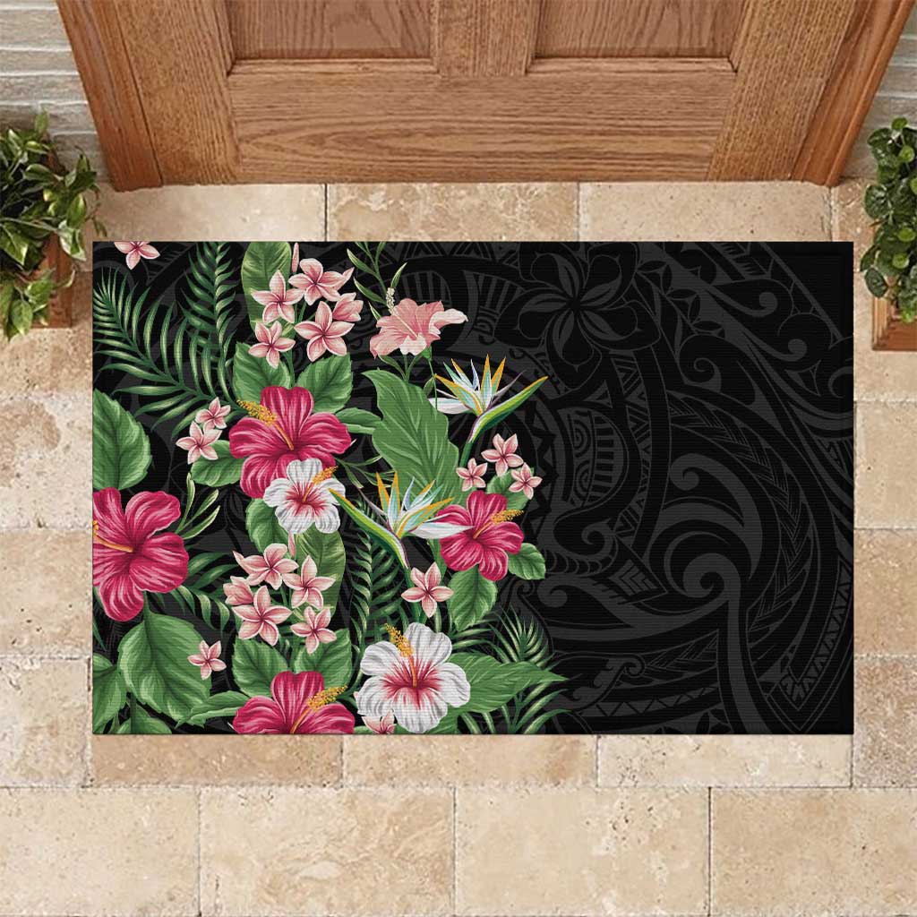 Hawaii Tropical Flowers Rubber Doormat Polynesian Tattoo Black