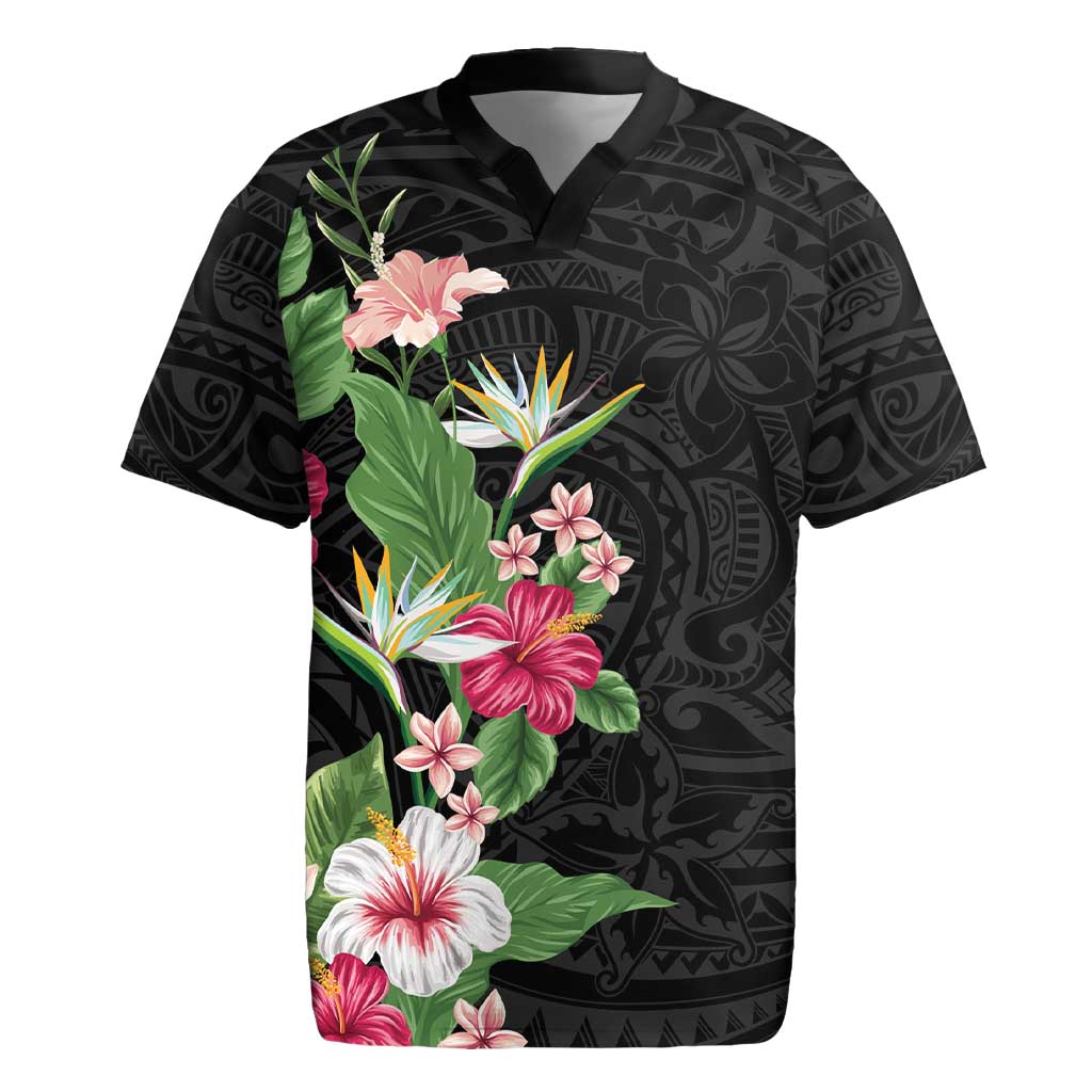 Hawaii Tropical Flowers Rugby Jersey Polynesian Tattoo Black