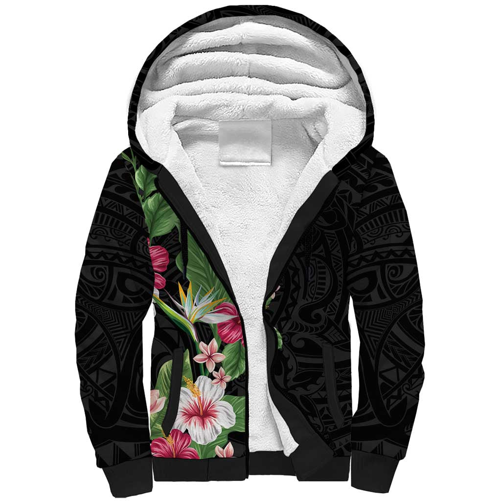 Hawaii Tropical Flowers Sherpa Hoodie Polynesian Tattoo Black