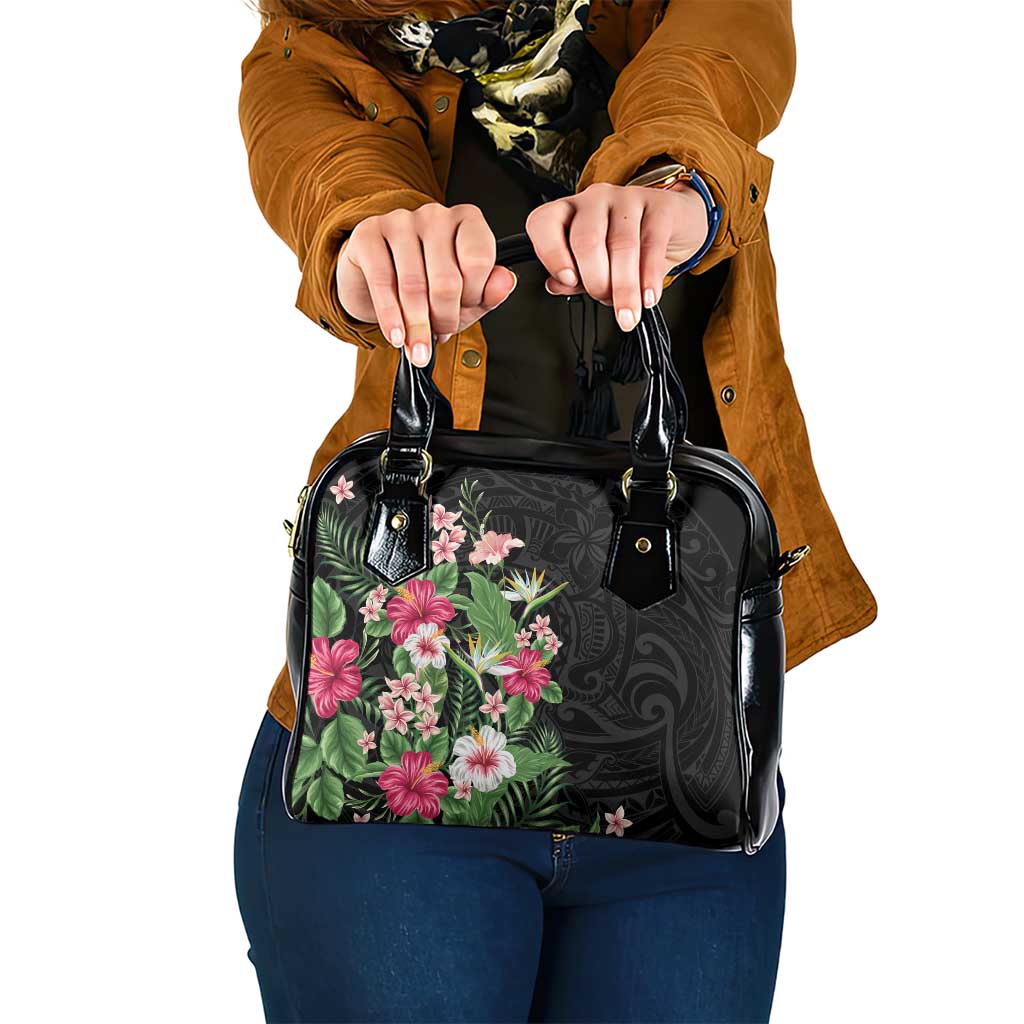 Hawaii Tropical Flowers Shoulder Handbag Polynesian Tattoo Black