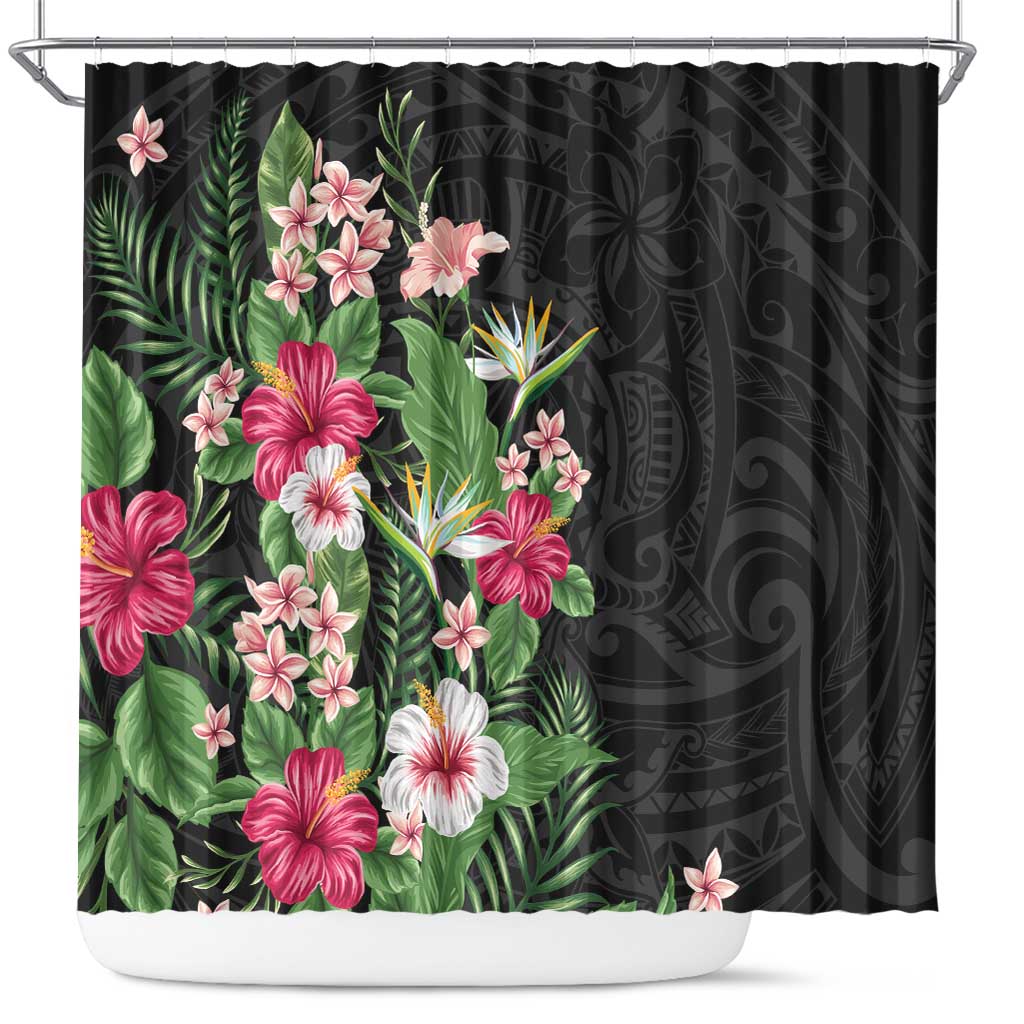 Hawaii Tropical Flowers Shower Curtain Polynesian Tattoo Black