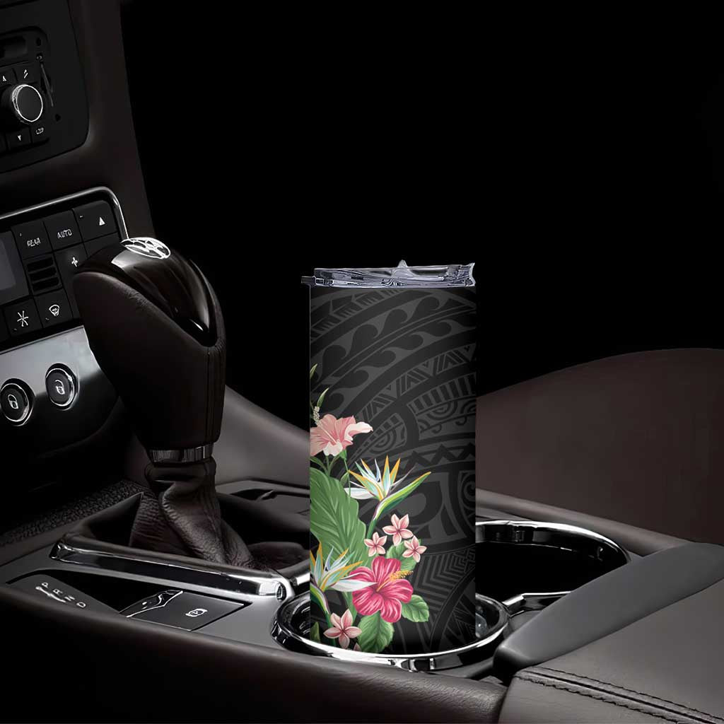 Hawaii Tropical Flowers Skinny Tumbler Polynesian Tattoo Black