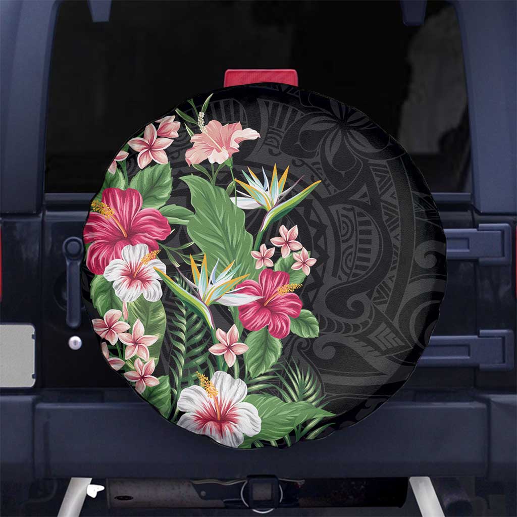 Hawaii Tropical Flowers Spare Tire Cover Polynesian Tattoo Black LT05 - Polynesian Pride