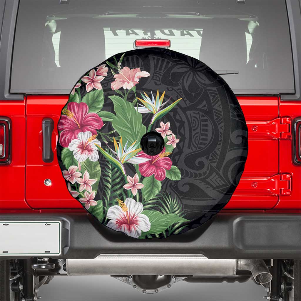 Hawaii Tropical Flowers Spare Tire Cover Polynesian Tattoo Black LT05 - Polynesian Pride