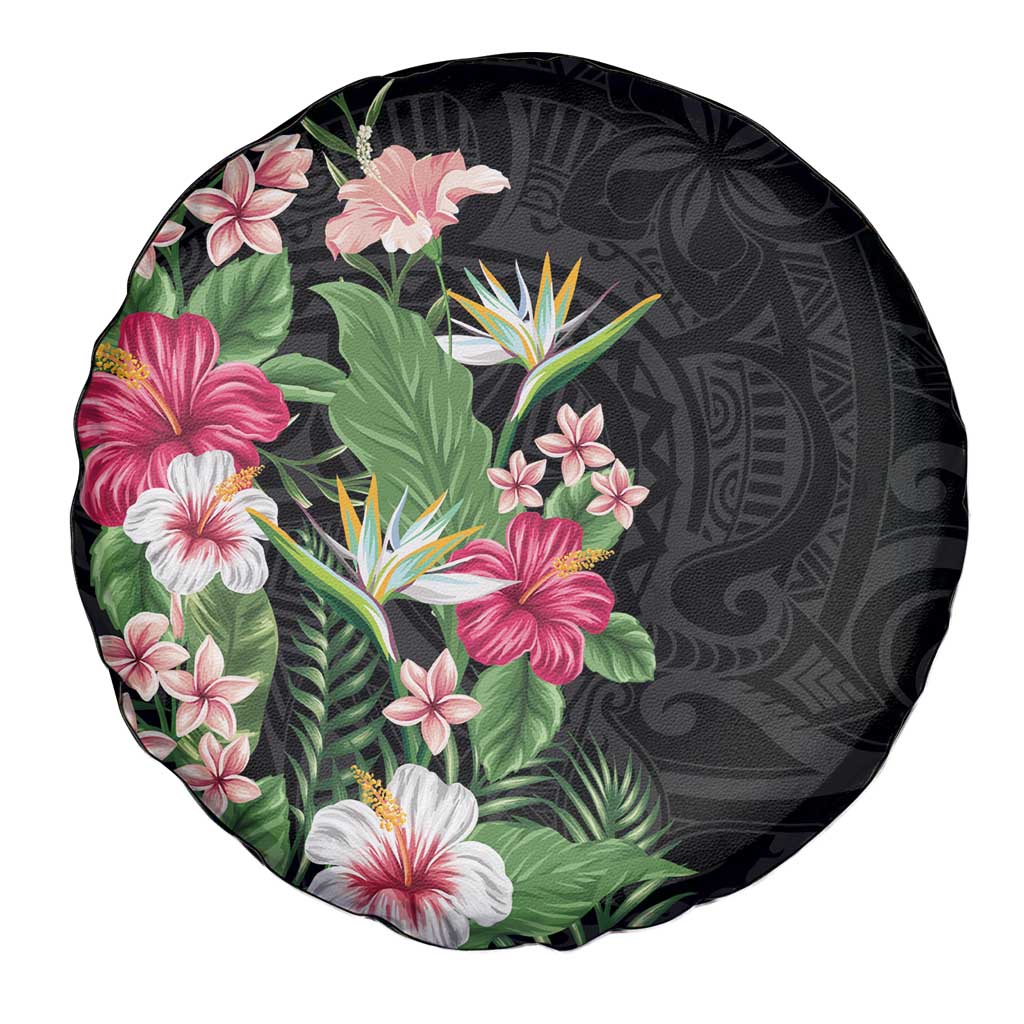 Hawaii Tropical Flowers Spare Tire Cover Polynesian Tattoo Black LT05 - Polynesian Pride
