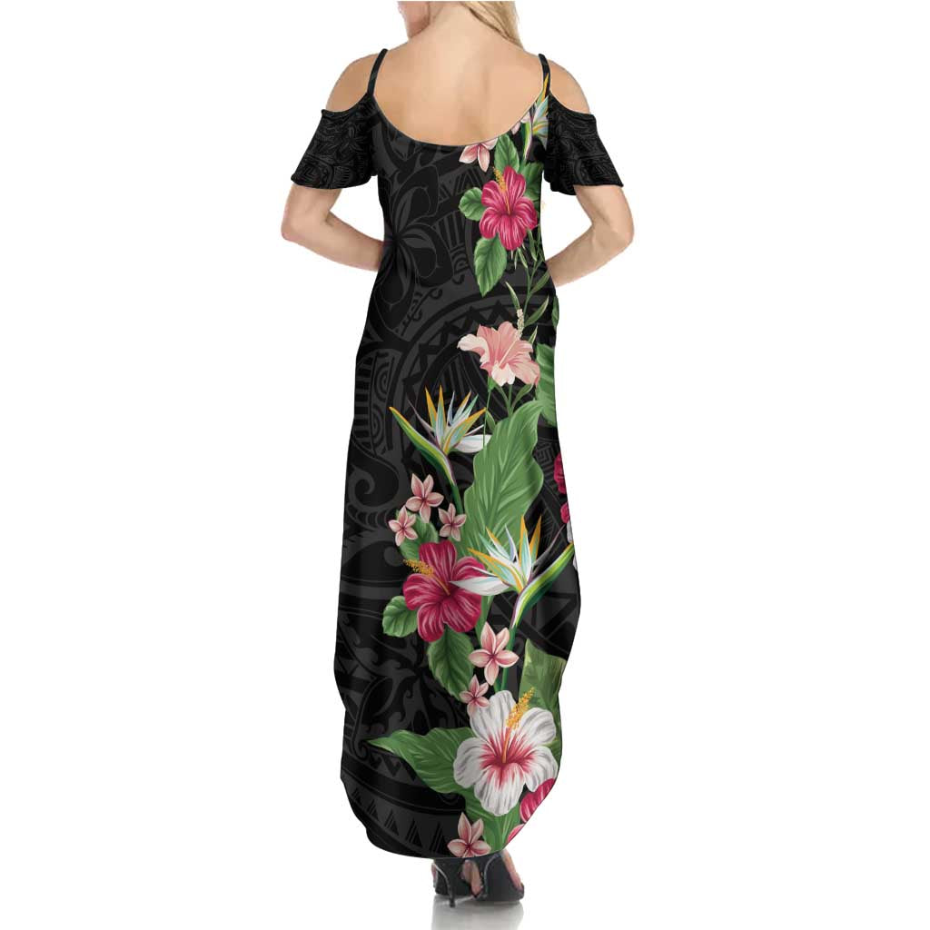 Hawaii Tropical Flowers Summer Maxi Dress Polynesian Tattoo Black LT05 - Polynesian Pride