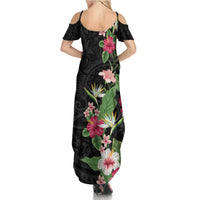 Hawaii Tropical Flowers Summer Maxi Dress Polynesian Tattoo Black LT05 - Polynesian Pride