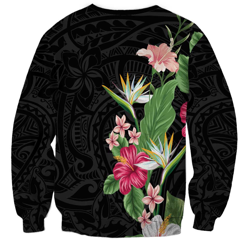 Hawaii Tropical Flowers Sweatshirt Polynesian Tattoo Black LT05 - Polynesian Pride