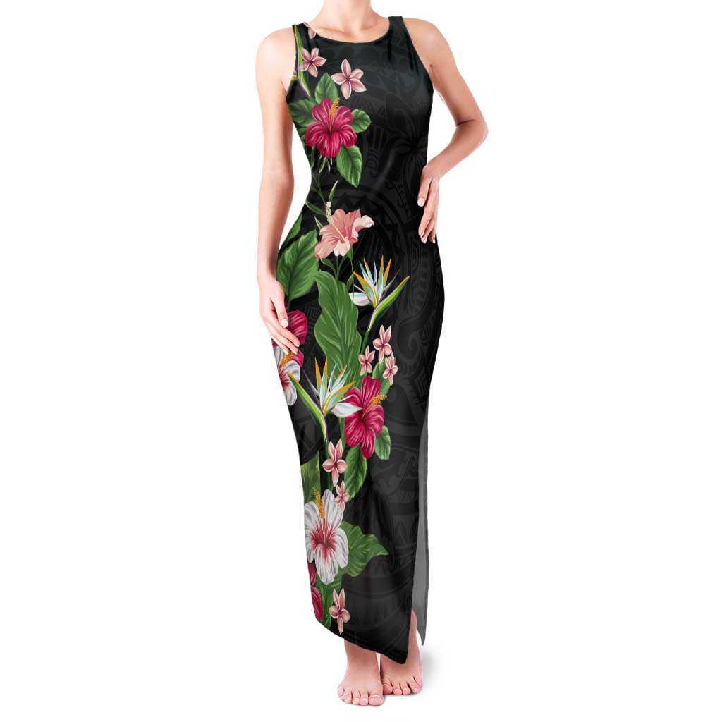 Hawaii Tropical Flowers Tank Maxi Dress Polynesian Tattoo Black