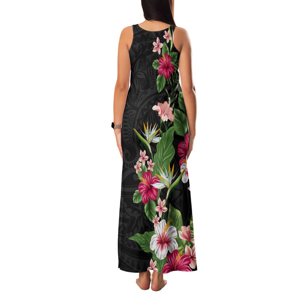 Hawaii Tropical Flowers Tank Maxi Dress Polynesian Tattoo Black LT05 - Polynesian Pride