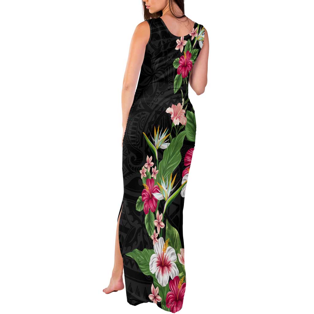 Hawaii Tropical Flowers Tank Maxi Dress Polynesian Tattoo Black LT05 - Polynesian Pride