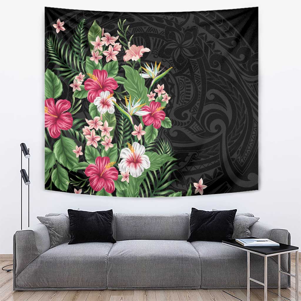 Hawaii Tropical Flowers Tapestry Polynesian Tattoo Black