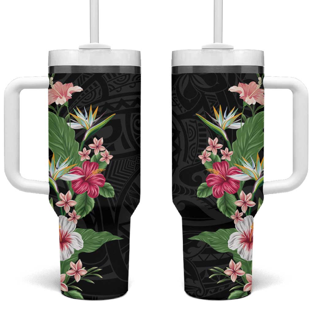 Hawaii Tropical Flowers Tumbler With Handle Polynesian Tattoo Black