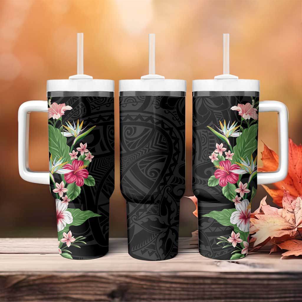 Hawaii Tropical Flowers Tumbler With Handle Polynesian Tattoo Black