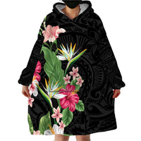 Hawaii Tropical Flowers Wearable Blanket Hoodie Polynesian Tattoo Black LT05 - Polynesian Pride