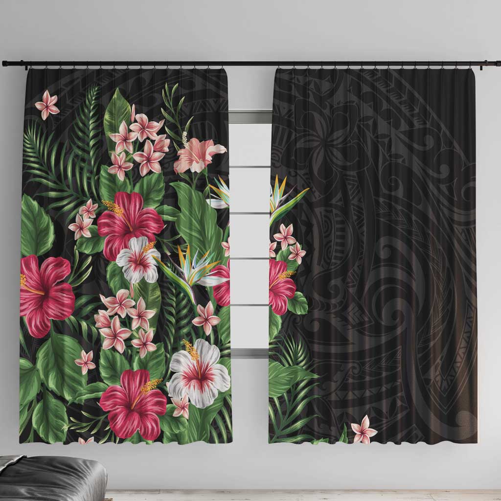 Hawaii Tropical Flowers Window Curtain Polynesian Tattoo Black