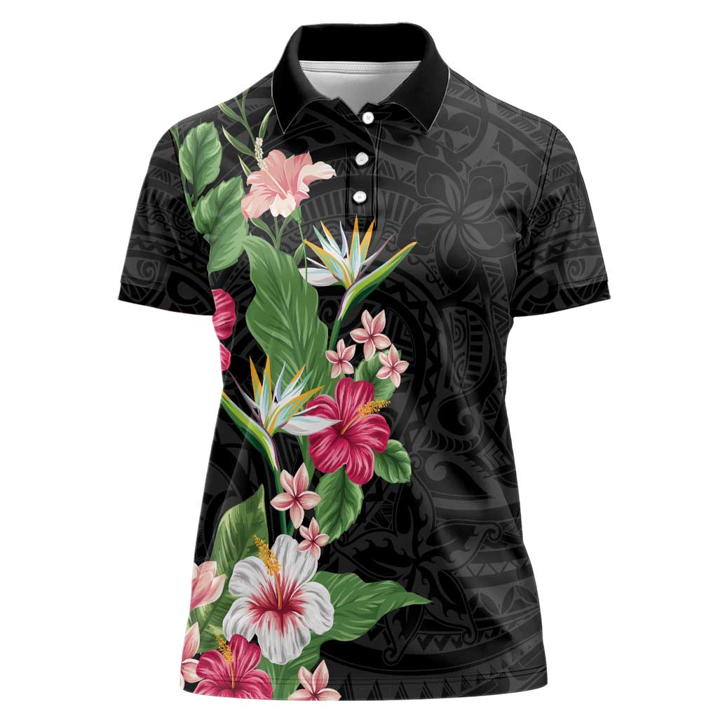 Hawaii Tropical Flowers Women Polo Shirt Polynesian Tattoo Black