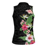 Hawaii Tropical Flowers Women Sleeveless Polo Shirt Polynesian Tattoo Black