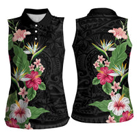 Hawaii Tropical Flowers Women Sleeveless Polo Shirt Polynesian Tattoo Black
