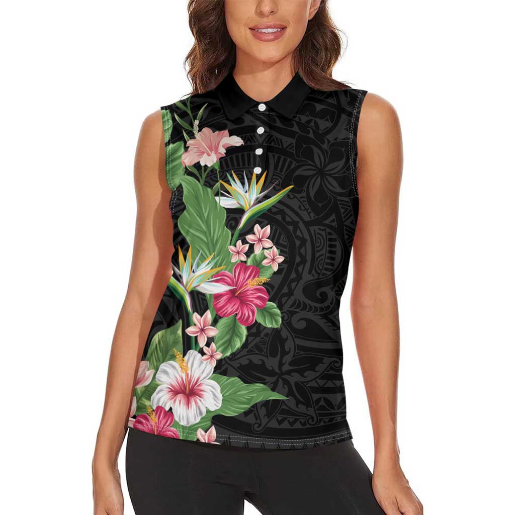 Hawaii Tropical Flowers Women Sleeveless Polo Shirt Polynesian Tattoo Black