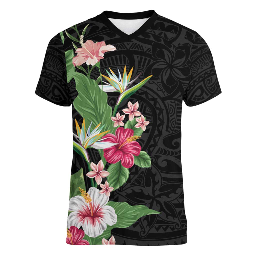 Hawaii Tropical Flowers Women V-Neck T-Shirt Polynesian Tattoo Black