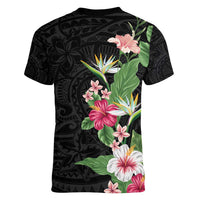 Hawaii Tropical Flowers Women V-Neck T-Shirt Polynesian Tattoo Black LT05 - Polynesian Pride