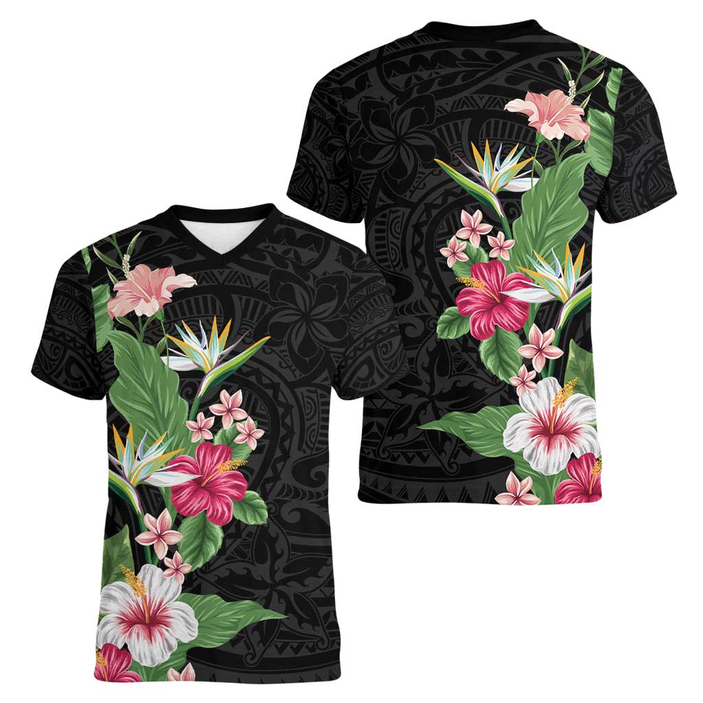 Hawaii Tropical Flowers Women V-Neck T-Shirt Polynesian Tattoo Black LT05 - Polynesian Pride