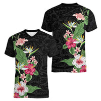 Hawaii Tropical Flowers Women V-Neck T-Shirt Polynesian Tattoo Black LT05 - Polynesian Pride