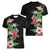 Hawaii Tropical Flowers Women V-Neck T-Shirt Polynesian Tattoo Black