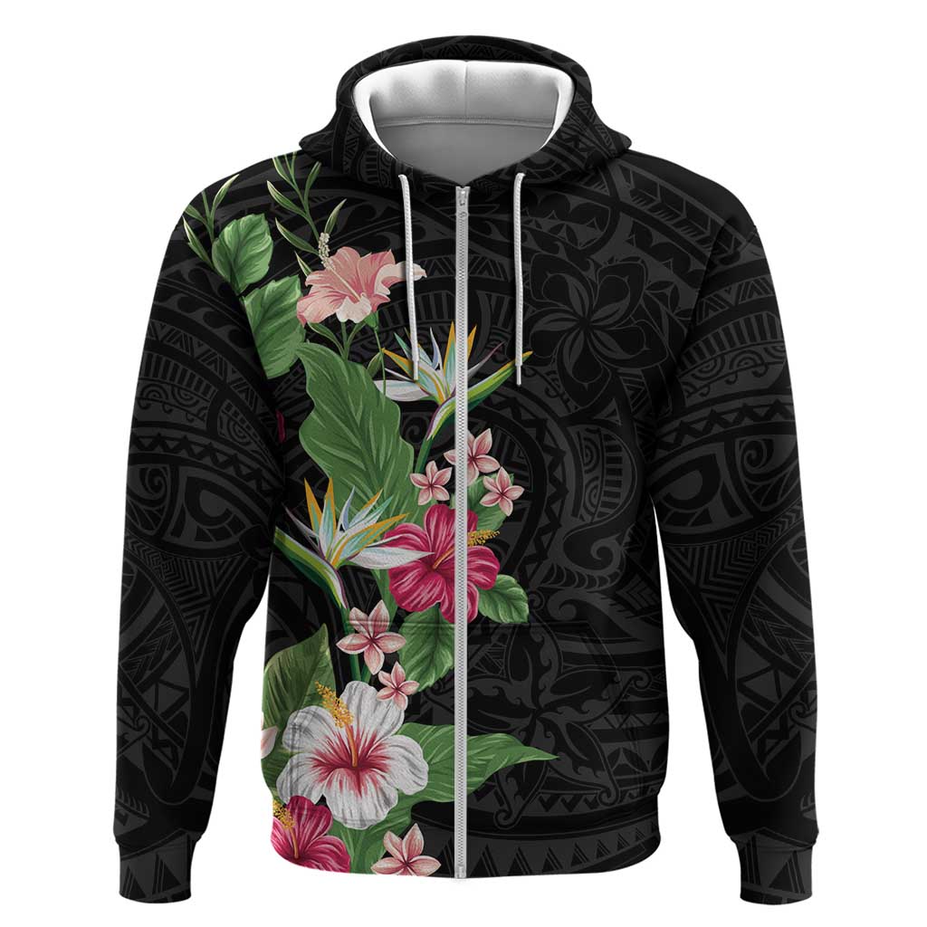 Hawaii Tropical Flowers Zip Hoodie Polynesian Tattoo Black