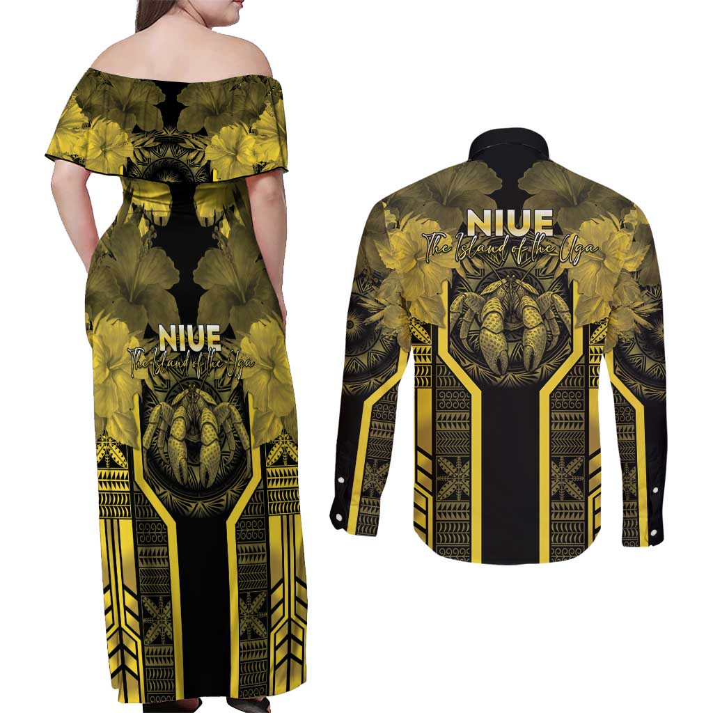 Niue The Rock Couples Matching Off Shoulder Maxi Dress and Long Sleeve Button Shirt The Island Of The Uga - Polynesian Pride