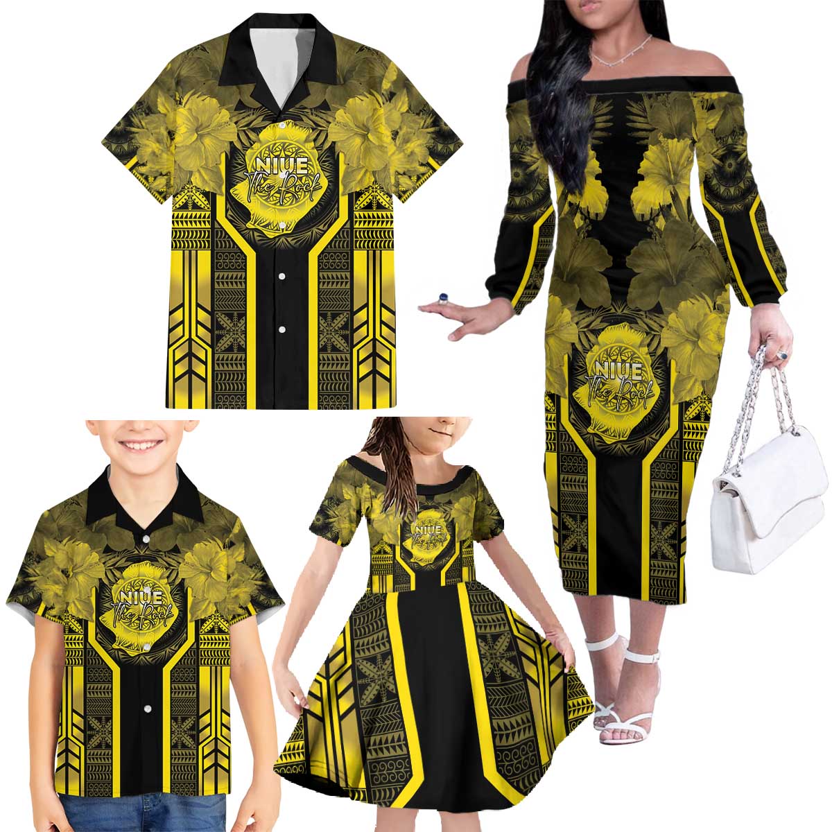 Niue The Rock Family Matching Off The Shoulder Long Sleeve Dress and Hawaiian Shirt The Island Of The Uga - Polynesian Pride