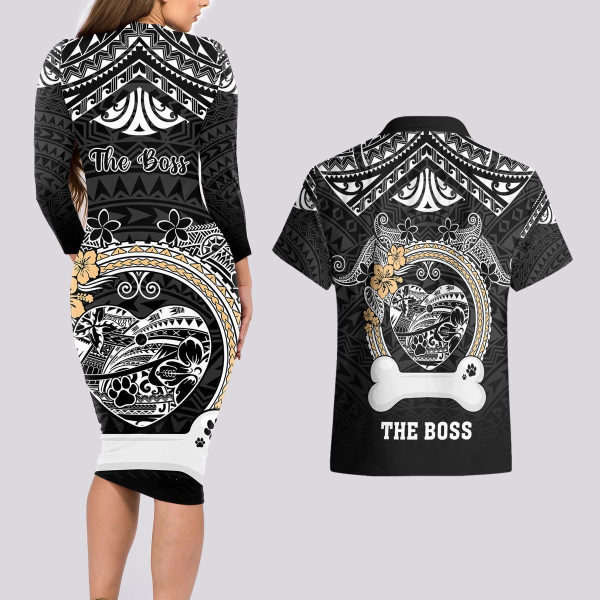 personalized-shiba-inu-dog-couples-matching-long-sleeve-bodycon-dress-and-hawaiian-shirt-with-polynesian-heart-name-tags