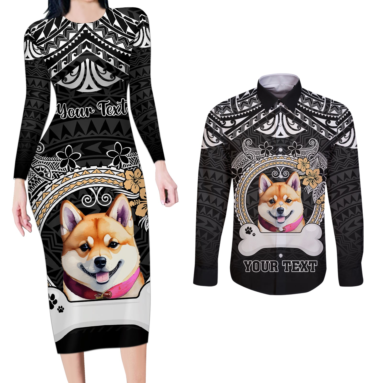 personalized-shiba-inu-dog-couples-matching-long-sleeve-bodycon-dress-and-long-sleeve-button-shirts-with-polynesian-heart-name-tags