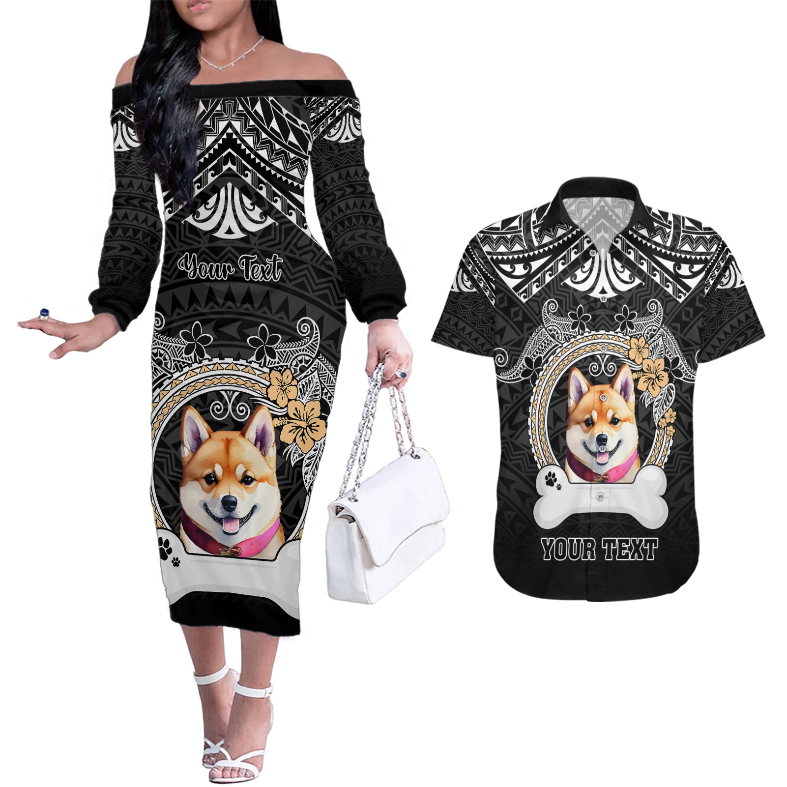 personalized-shiba-inu-dog-couples-matching-off-the-shoulder-long-sleeve-dress-and-hawaiian-shirt-with-polynesian-heart-name-tags