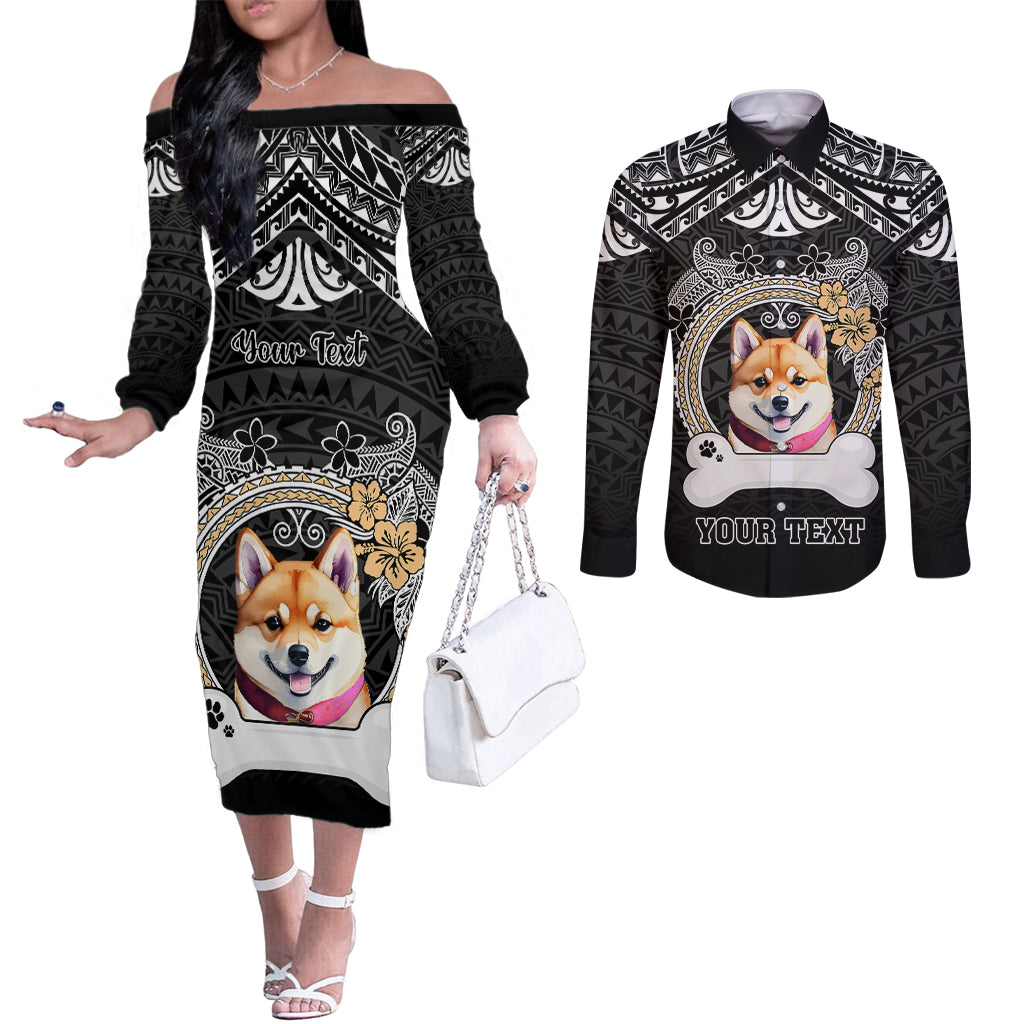 personalized-shiba-inu-dog-couples-matching-off-the-shoulder-long-sleeve-dress-and-long-sleeve-button-shirts-with-polynesian-heart-name-tags