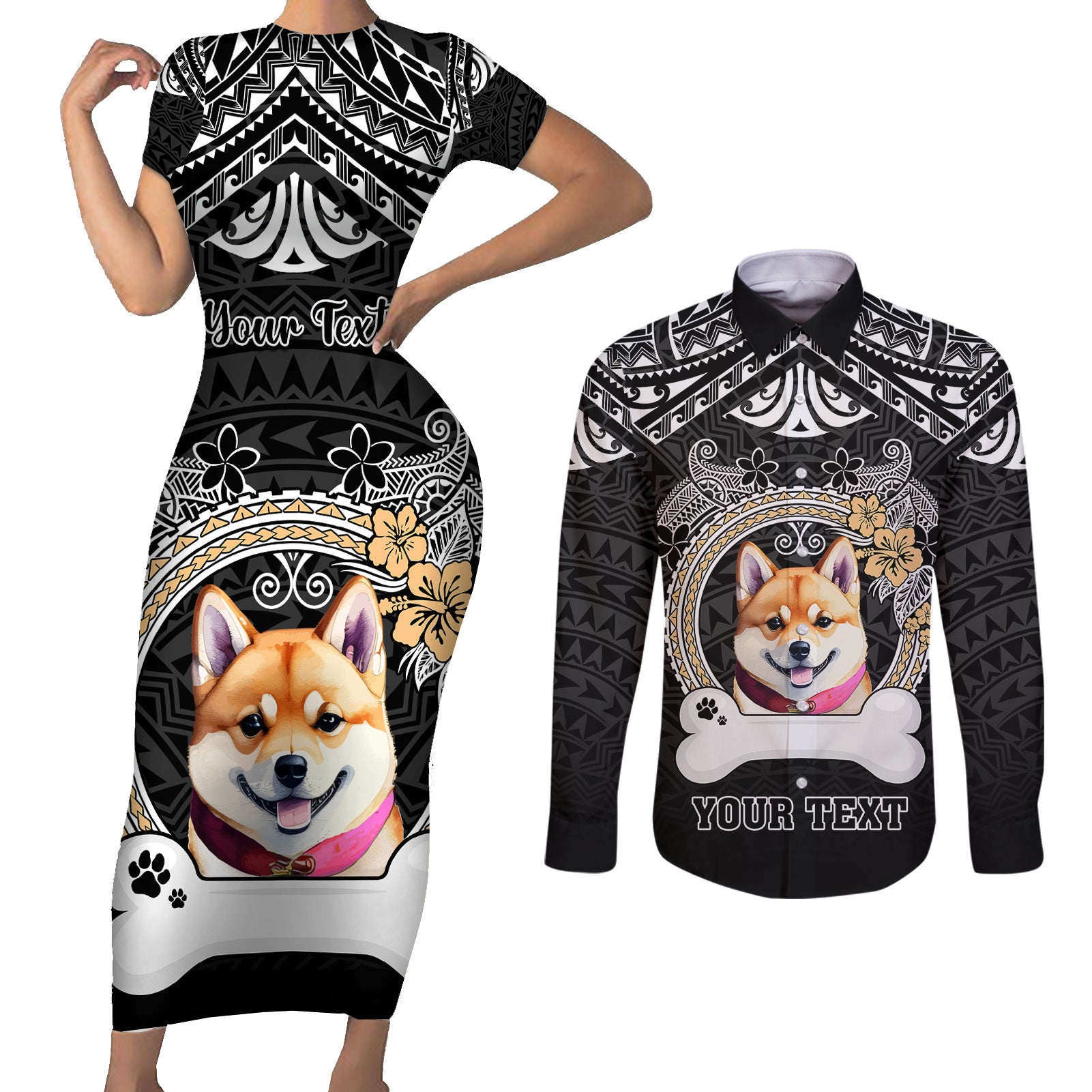 personalized-shiba-inu-dog-couples-matching-short-sleeve-bodycon-dress-and-long-sleeve-button-shirts-with-polynesian-heart-name-tags