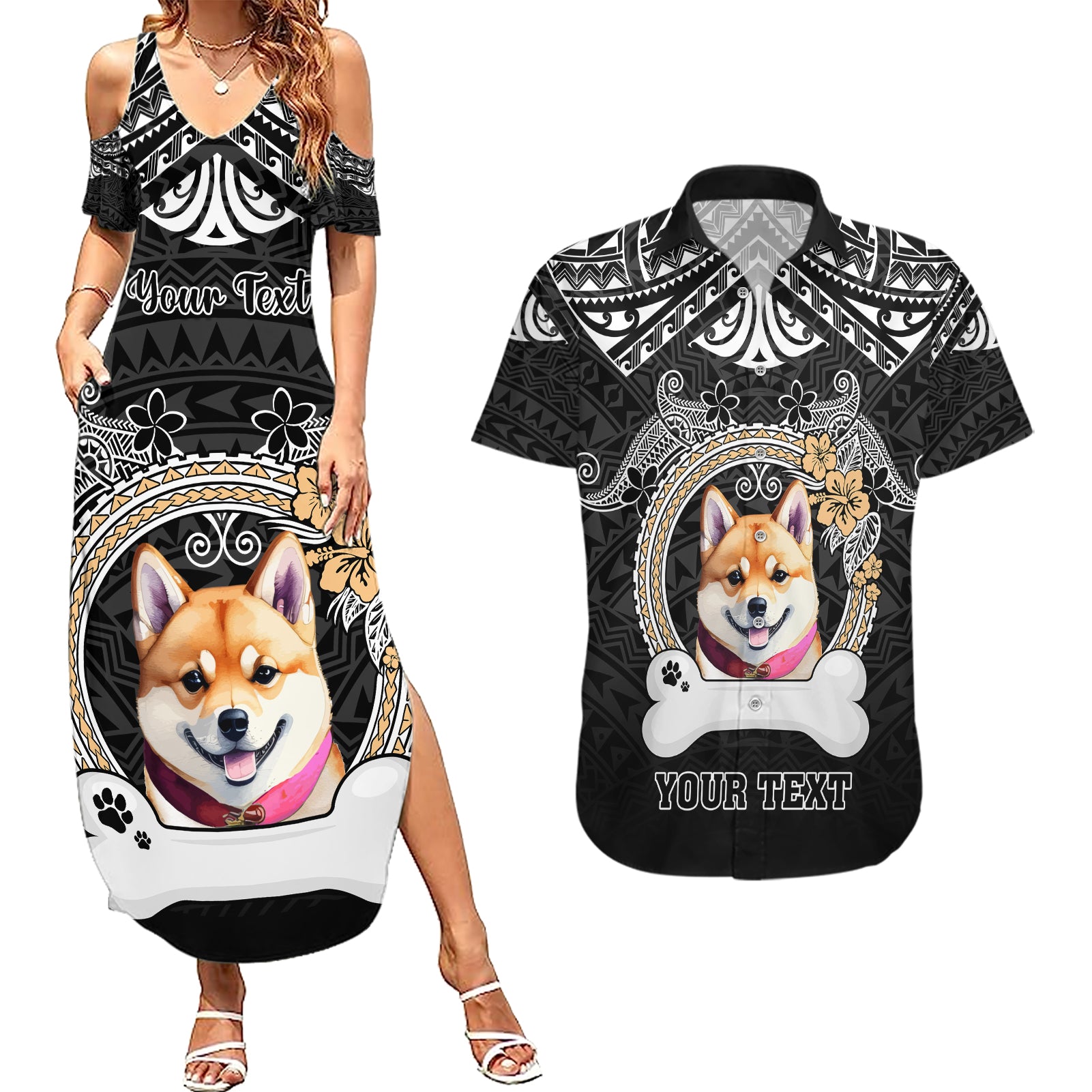 personalized-shiba-inu-dog-couples-matching-summer-maxi-dress-and-hawaiian-shirt-with-polynesian-heart-name-tags