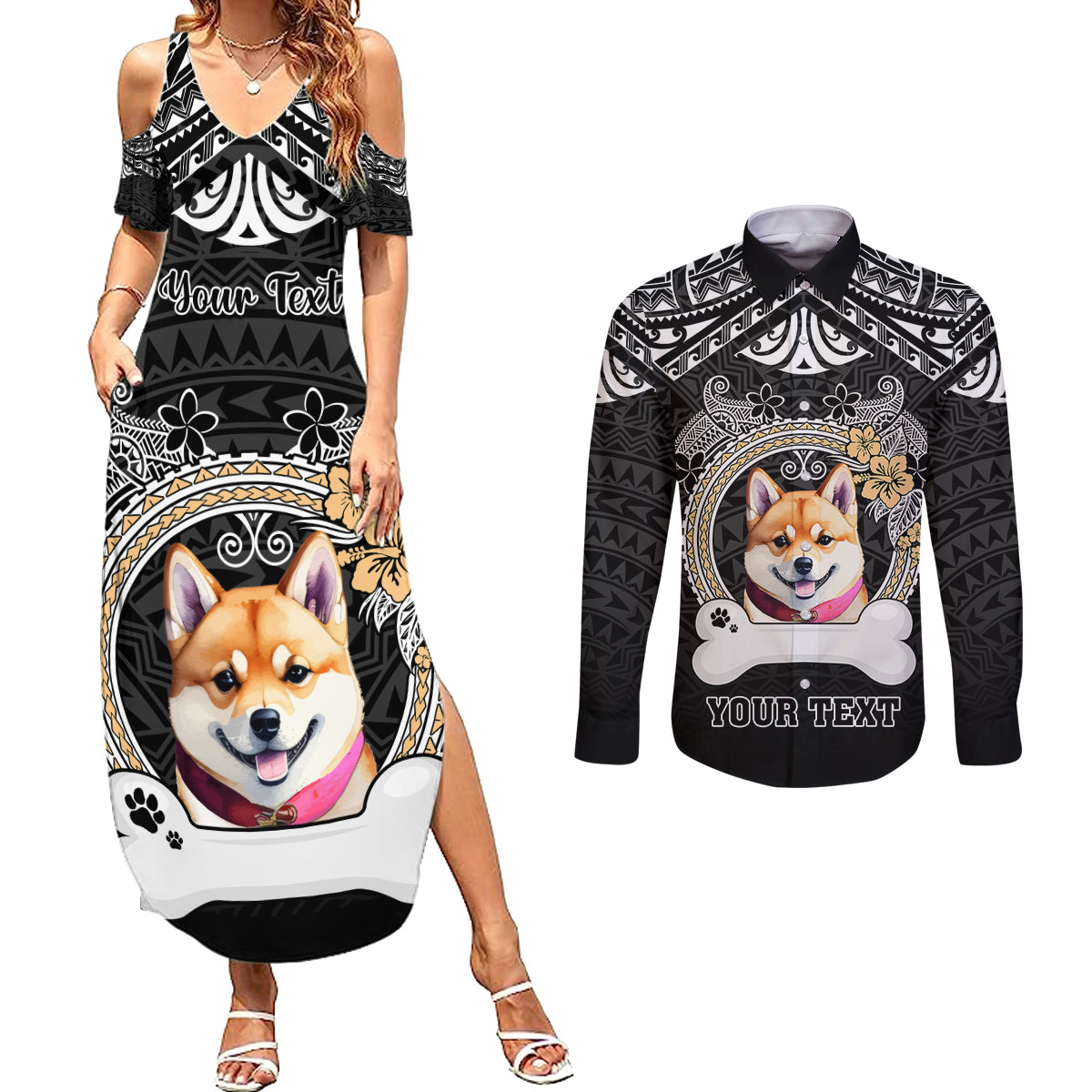 personalized-shiba-inu-dog-couples-matching-summer-maxi-dress-and-long-sleeve-button-shirts-with-polynesian-heart-name-tags