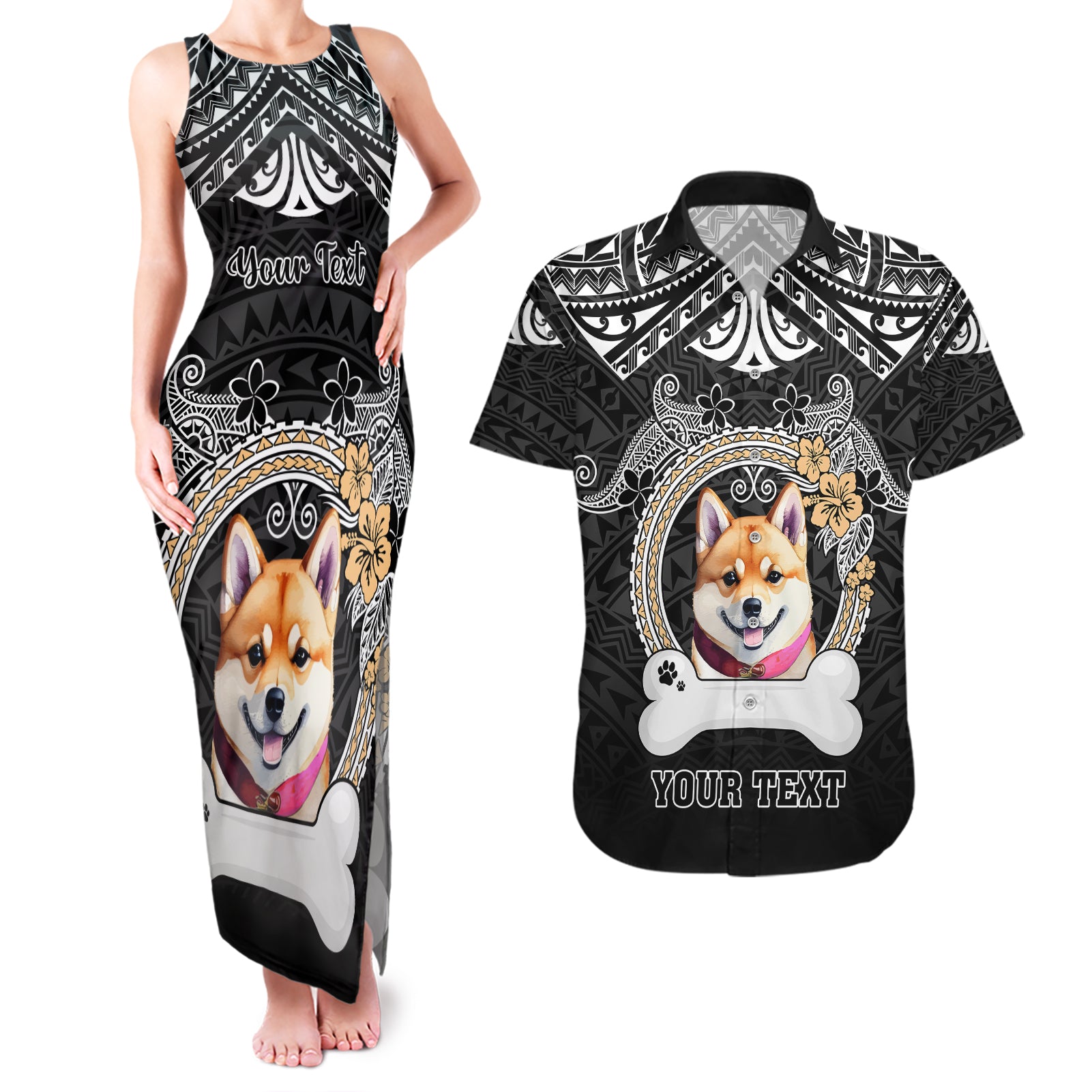 personalized-shiba-inu-dog-couples-matching-tank-maxi-dress-and-hawaiian-shirt-with-polynesian-heart-name-tags