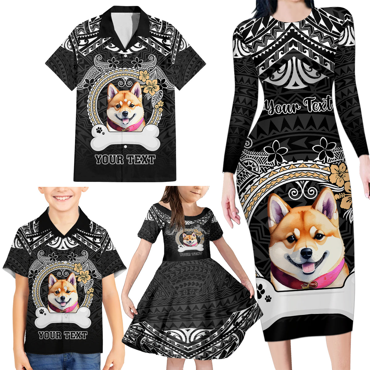 Personalized Shiba Inu Dog Family Matching Long Sleeve Bodycon Dress and Hawaiian Shirt With Polynesian Heart Name Tags LT05 - Polynesian Pride