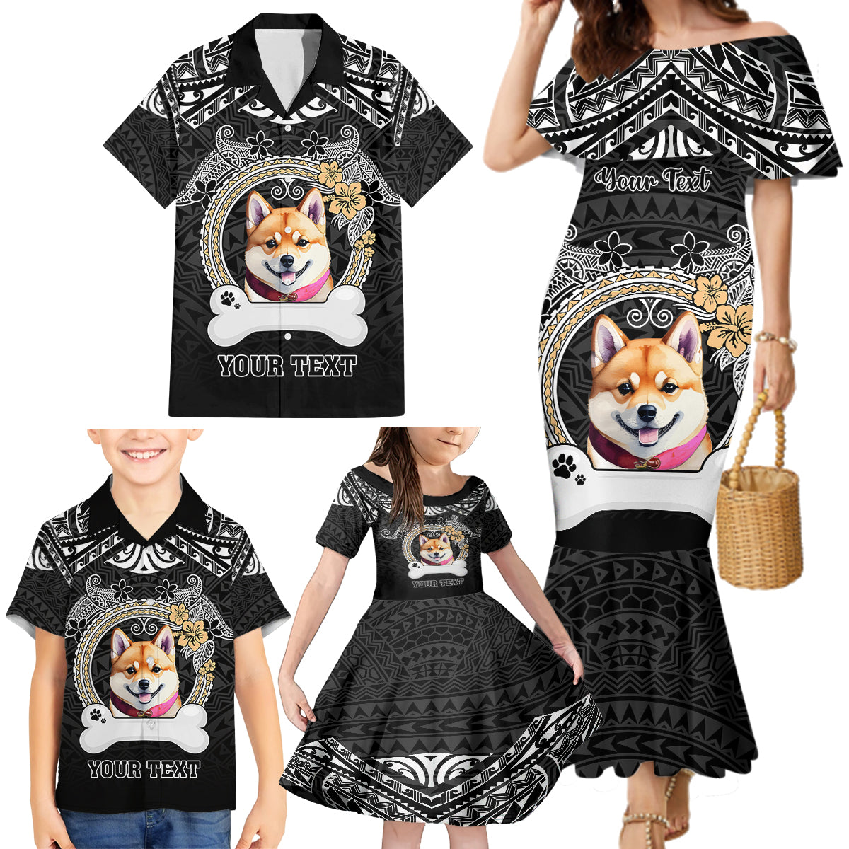 Personalized Shiba Inu Dog Family Matching Mermaid Dress and Hawaiian Shirt With Polynesian Heart Name Tags LT05 - Polynesian Pride