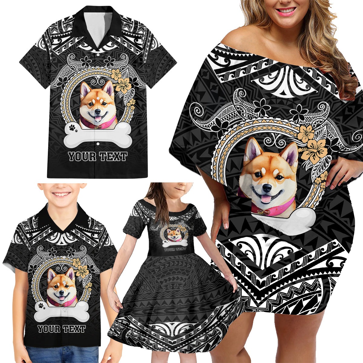 Personalized Shiba Inu Dog Family Matching Off Shoulder Short Dress and Hawaiian Shirt With Polynesian Heart Name Tags LT05 - Polynesian Pride