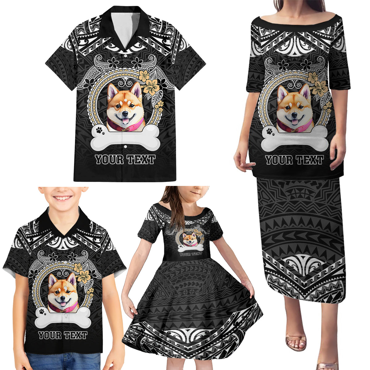 Personalized Shiba Inu Dog Family Matching Puletasi Dress and Hawaiian Shirt With Polynesian Heart Name Tags LT05 - Polynesian Pride