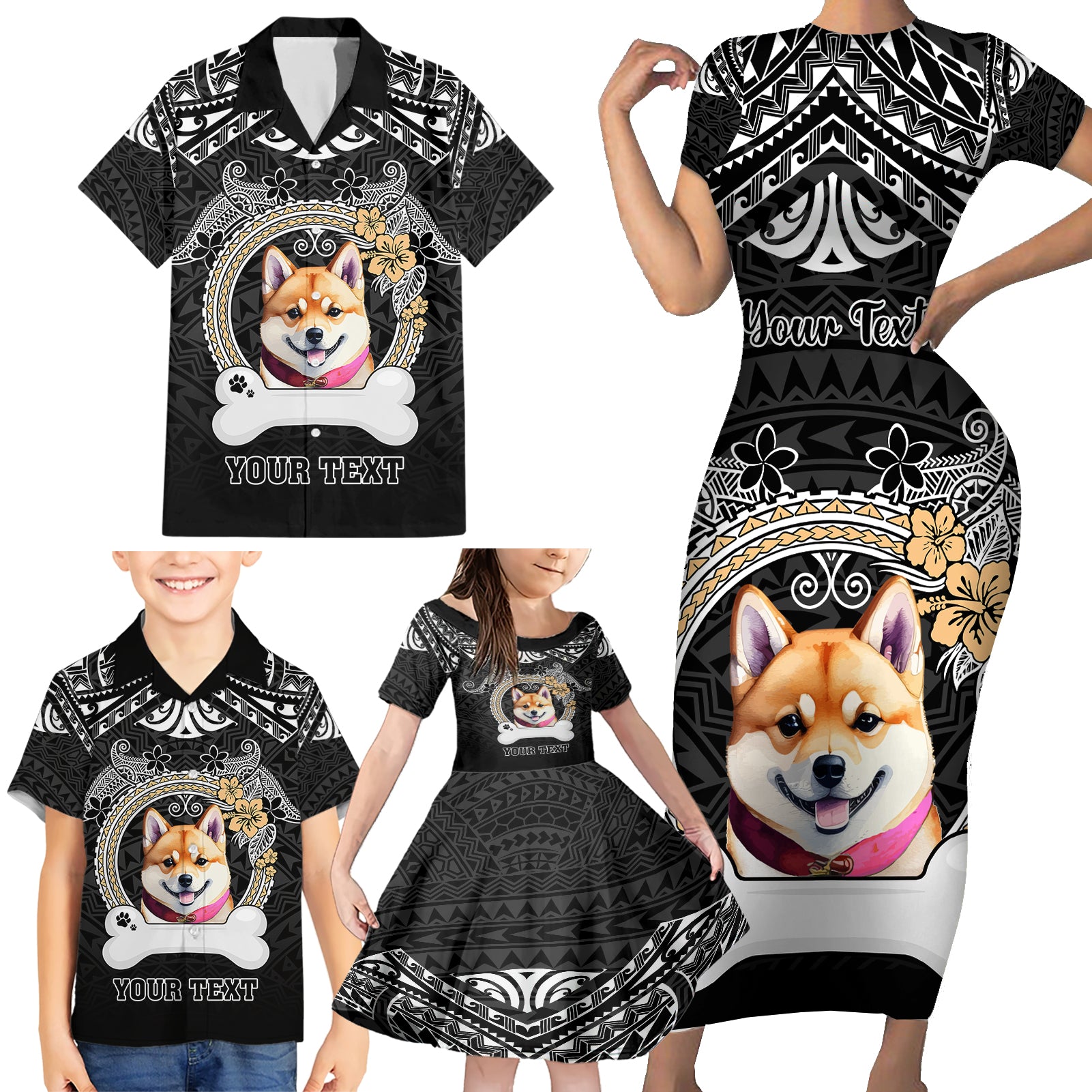 Personalized Shiba Inu Dog Family Matching Short Sleeve Bodycon Dress and Hawaiian Shirt With Polynesian Heart Name Tags LT05 - Polynesian Pride