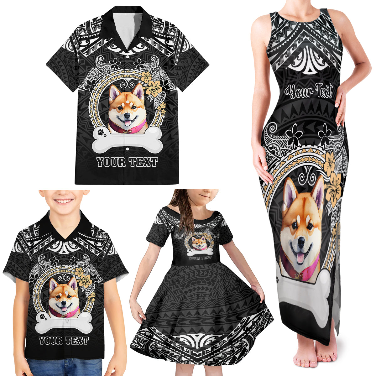 Personalized Shiba Inu Dog Family Matching Tank Maxi Dress and Hawaiian Shirt With Polynesian Heart Name Tags LT05 - Polynesian Pride