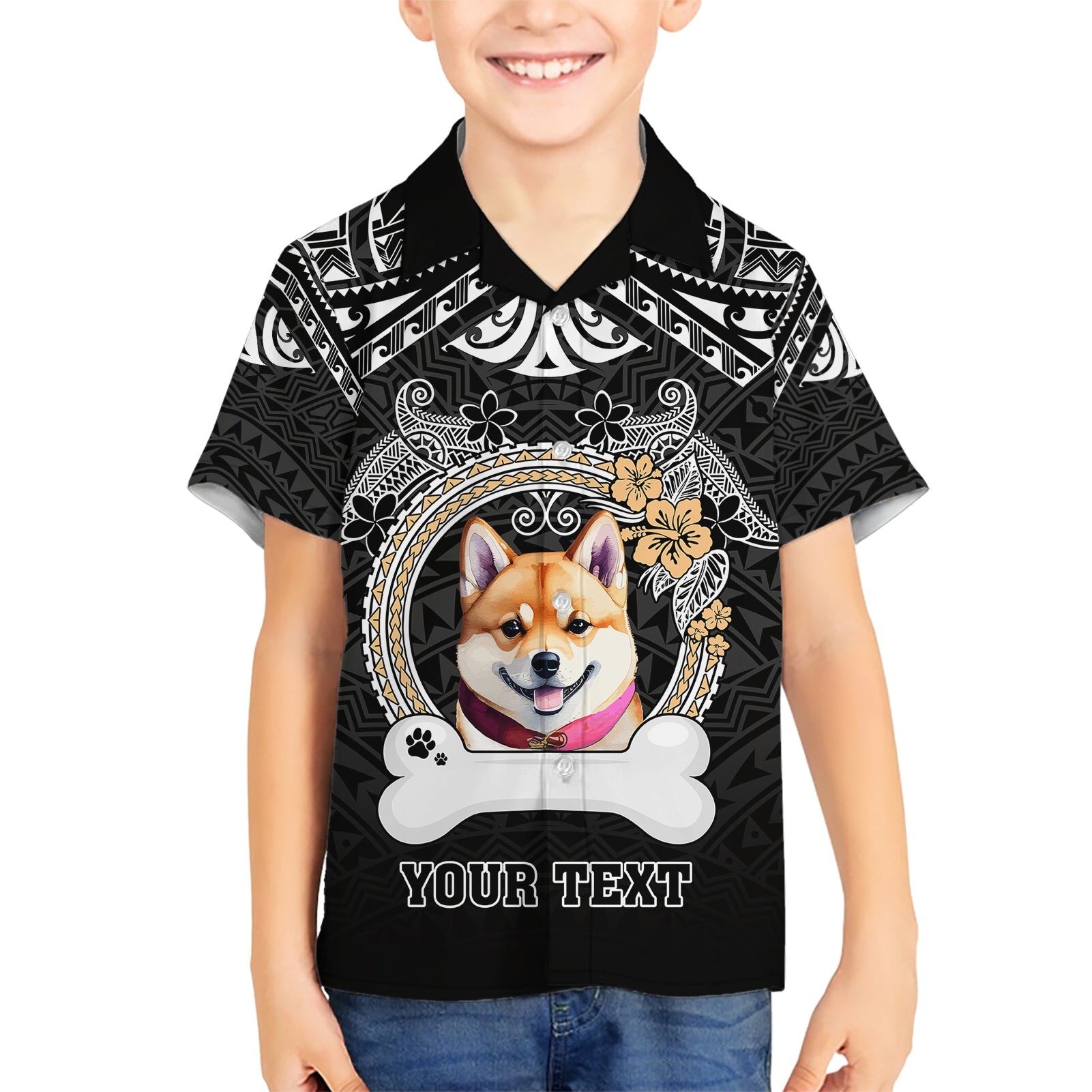 personalized-shiba-inu-dog-kid-hawaiian-shirt-with-polynesian-heart-name-tags