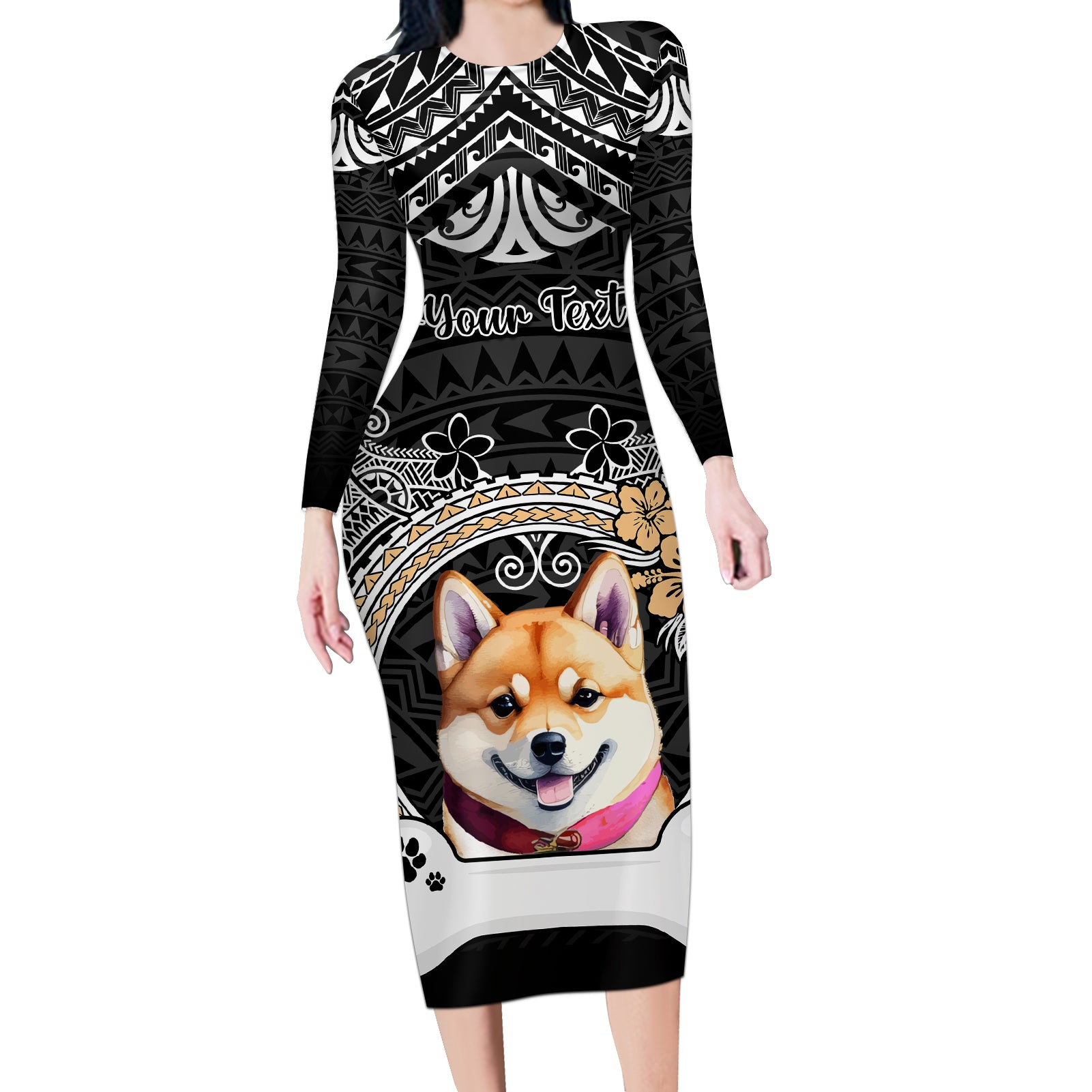 personalized-shiba-inu-dog-long-sleeve-bodycon-dress-with-polynesian-heart-name-tags