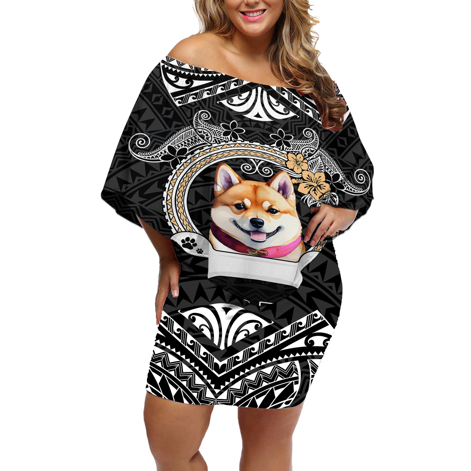 personalized-shiba-inu-dog-off-shoulder-short-dress-with-polynesian-heart-name-tags